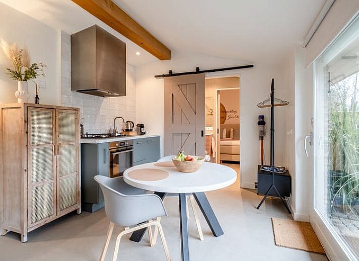 Gezellige woonkamer in Vakantiehuis in Usselo, Twente, met uitzicht op het terras en groene omgeving.