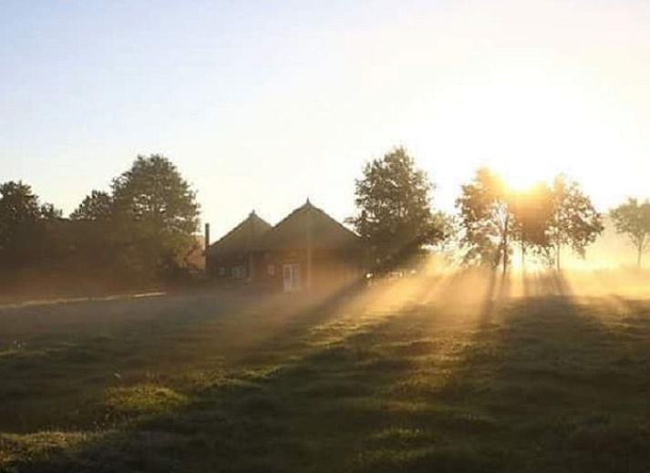 Sonnenaufgang im Ferienhaus in Enter, Twente, Overijssel, umgeben von nebliger Natur und heiterer Stille.