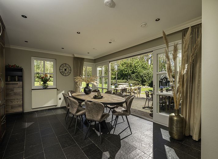 Gezellige woonkamer in Vakantiehuis Het Landhuis, Losser, Twente, met comfortabele zithoek en open haard.