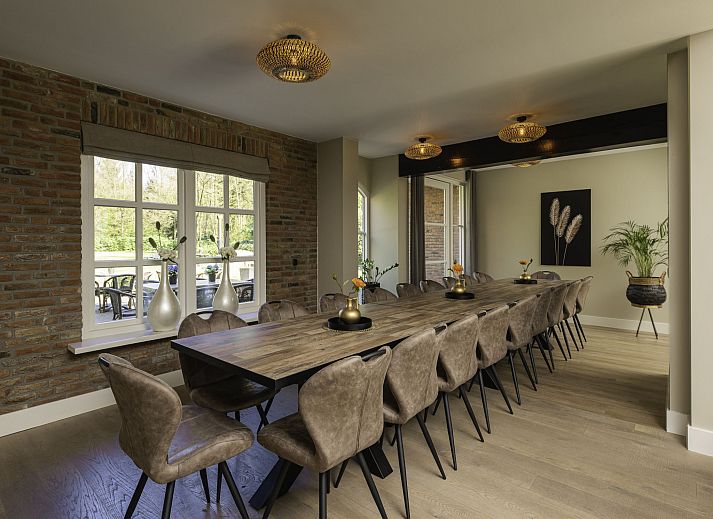 Gezellige woonkamer in Vakantiehuis Het Landhuis, Losser, Twente, met comfortabele zithoek en open haard.