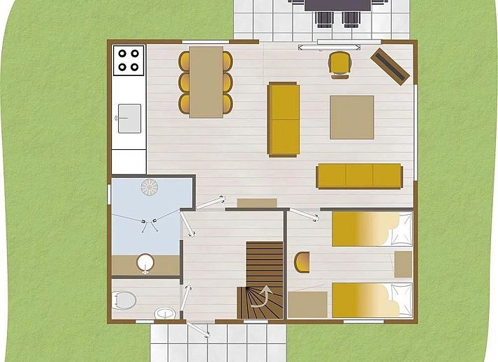 Schlafzimmer mit Doppelbett im Ferienhaus Boshuus Comfort Plus, Deurningen, Twente, Overijssel mit Blick auf die Natur.