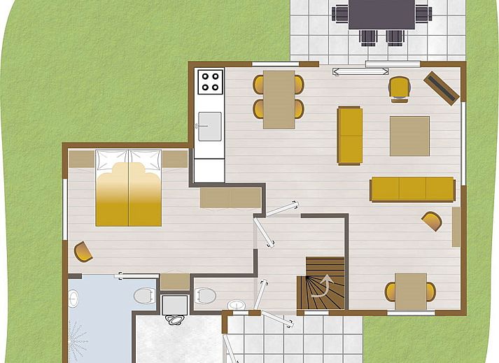 Gemuetliches Wohnzimmer des Ferienhauses Boshuus Zorg, Deurningen, mit Blick auf die Natur.