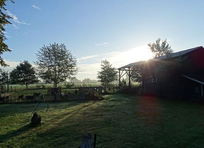 Terras bij Vakantiehuisje in Hoge Hexel, Twente, met comfortabele stoelen en tuin in Overijssel.