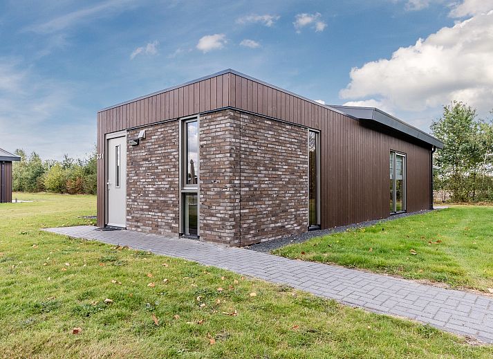 Sallandse Heuvelrug 8-Personen-Haus in Hoge Hexel, Twente mit modernem Aeusseren und gruener Umgebung.