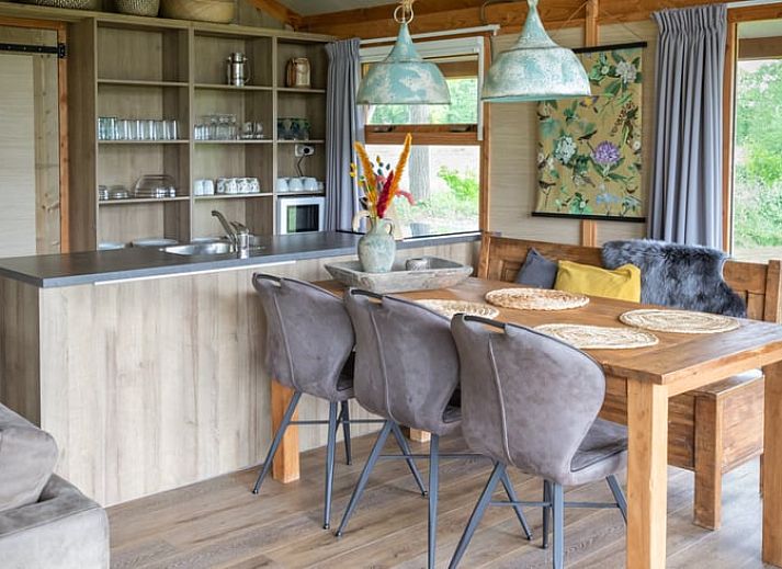 Veranda des Ferienhauses in Buurse, Twente, Overijssel mit Blick auf Wiesen und Baeume.