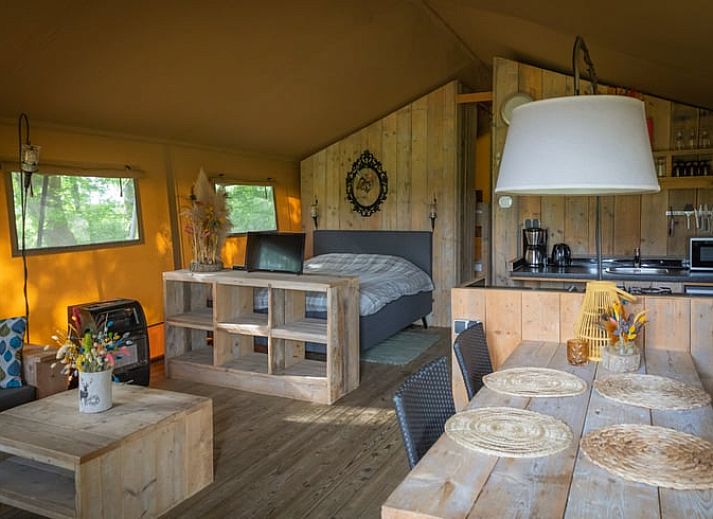 Gemuetliches Wohnzimmer des Ferienhauses in Buurse, Twente, Overijssel mit Blick auf die Terrasse.