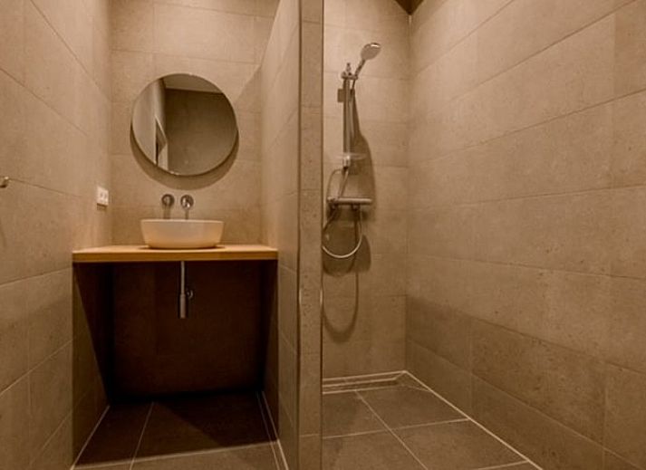 Interior of Huisje in Agelo, vacation home in Twente, Overijssel with wooden beams and artwork on the wall.