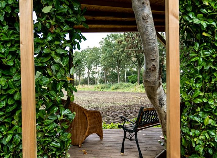 Uitzicht vanuit vakantiehuis in Vroomshoop, Twente, op groene velden.