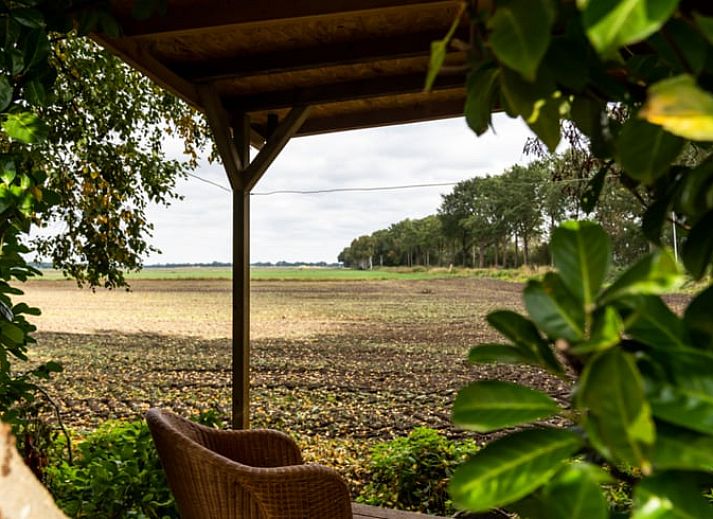 Uitzicht vanuit vakantiehuis in Vroomshoop, Twente, op groene velden.