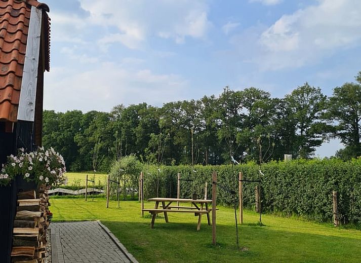 Gezellige binnenruimte van Vakantiehuisje in Hengevelde, Twente met houten balken en zithoek.