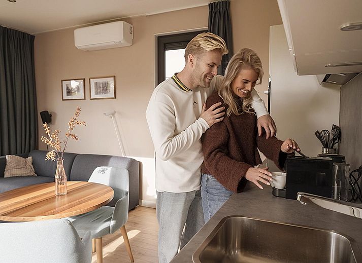 Gezellige woonkamer in Vakantievilla Amalia 2 Deluxe, Lattrop-Breklenkamp, Twente, met uitzicht op de natuur.