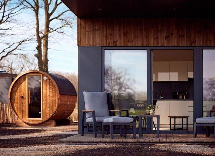 Buitenterras met sauna bij Vakantievilla Amalia 2 Deluxe in Lattrop-Breklenkamp, Twente, omgeven door groen.