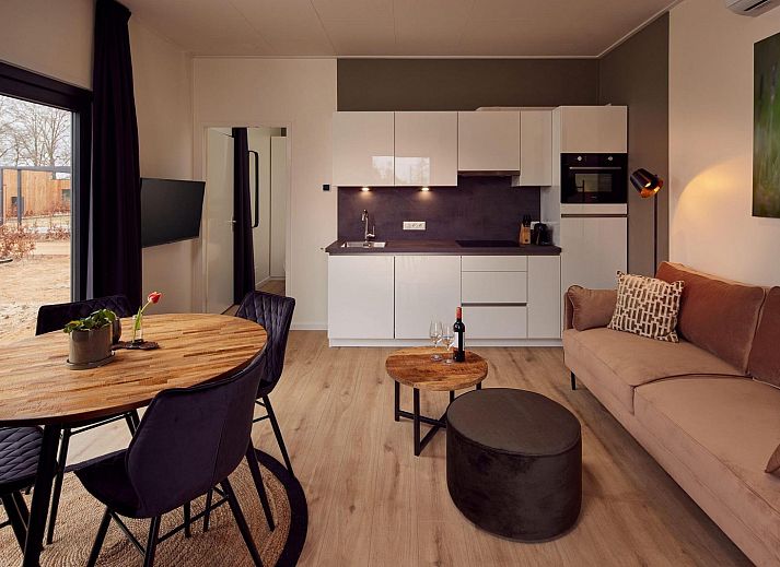 Buitenterras met sauna bij Vakantievilla Amalia 2 Deluxe in Lattrop-Breklenkamp, Twente, omgeven door groen.