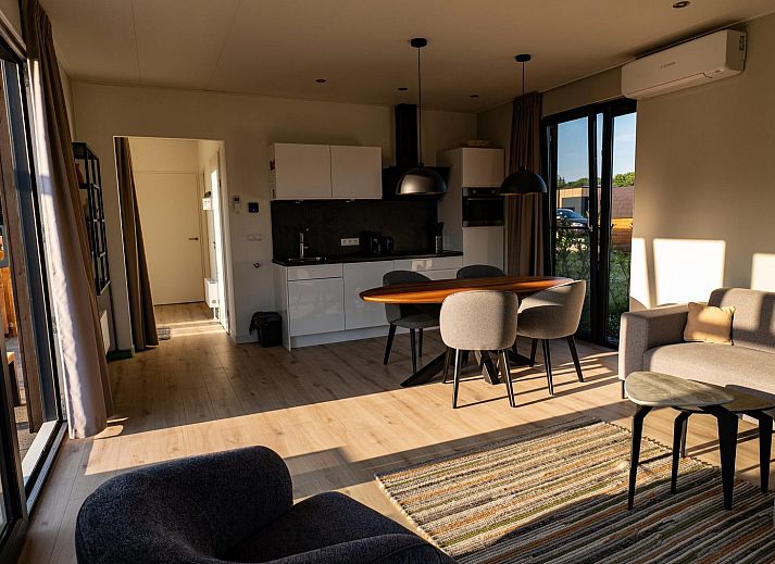 Modern living room of Holiday Villa Amalia 4 in Lattrop-Breklenkamp, Twente, overlooking the nature of Overijssel.