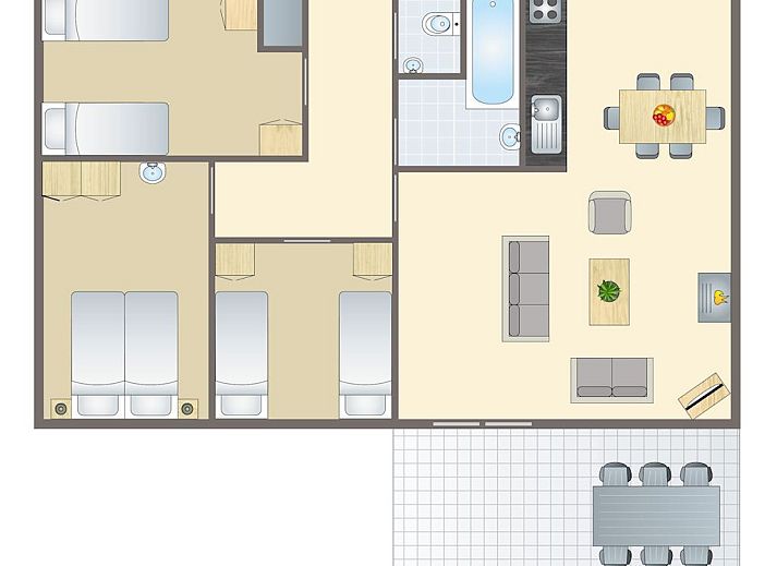Geraeumiges Wohnzimmer im Twenhaarsveld 18-Personen-Wiedervereinigungsbungalow in Holten, Overijssel.