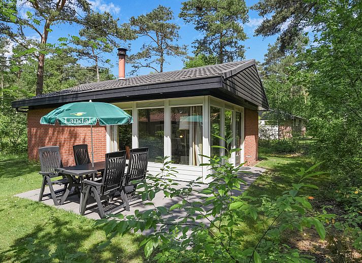 Modernes Wohnzimmer des Bungalows Twenhaarsveld in Holten mit gemuetlicher Sitzecke und Blick auf die Natur.