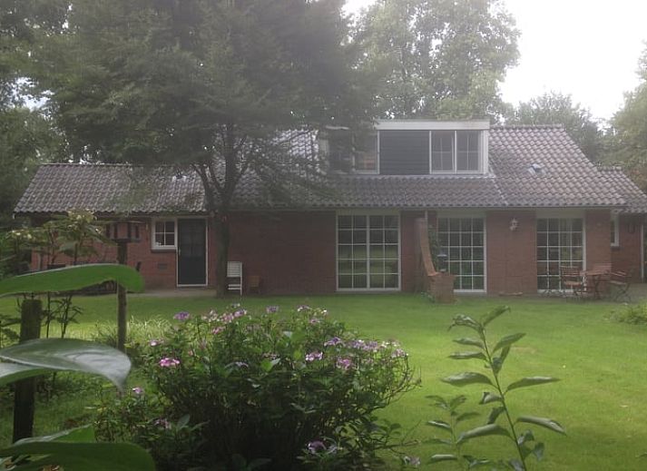 Gemuetliches Wohnzimmer im Ferienhaus in Holten, Overijssel mit komfortabler Sitzecke und grossen Fenstern mit Blick auf die Natur.
