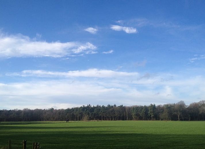 Gemuetliches Wohnzimmer im Ferienhaus in Holten, Overijssel mit Blick auf den gruenen Garten. Ideal fuer einen entspannten Aufenthalt in Salland.