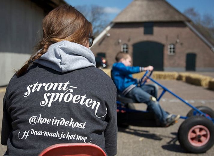 Eethoek in Vakantiehuisje in Heeten, Overijssel, met uitzicht op het groene landschap.