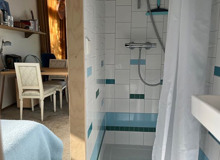 Aussenterrasse des Ferienhauses in Olst, Overijssel mit gruener Umgebung und blauen Gartenmoebeln.