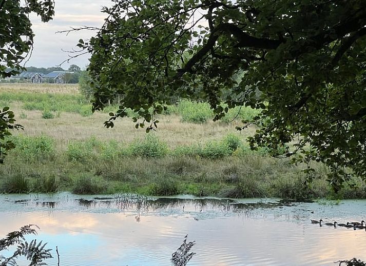 Gezellige binnenruimte van Vakantiehuis in Hellendoorn met uitzicht op groene velden in Salland, Overijssel.