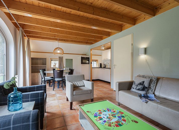 Stijlvolle woonkamer in Landgoed De Hellendoornse Berg kinderbungalow, Haarle, Overijssel, met moderne meubels.