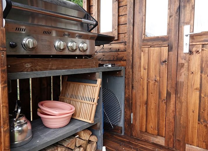 Idyllisch vakantiehuisje in Wesepe, Overijssel, omgeven door natuur met houten veranda en zitgelegenheid in de buitenlucht.