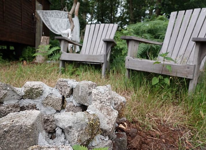 Charmant vakantiehuisje in Wesepe, Salland, Overijssel omringd door natuur met houten veranda en zitplek voor een ontspannen verblijf.