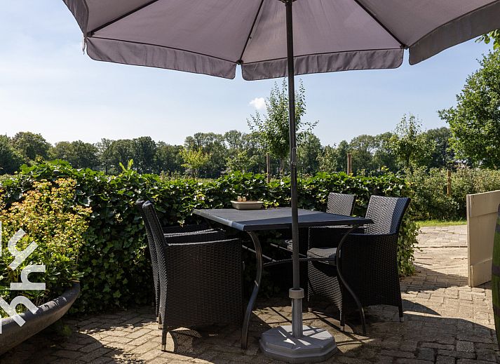 Luftaufnahme des Ferienhauses OV599 in Nieuw-Heeten, Salland, Overijssel, umgeben von gruener Natur und Sonnenkollektoren.