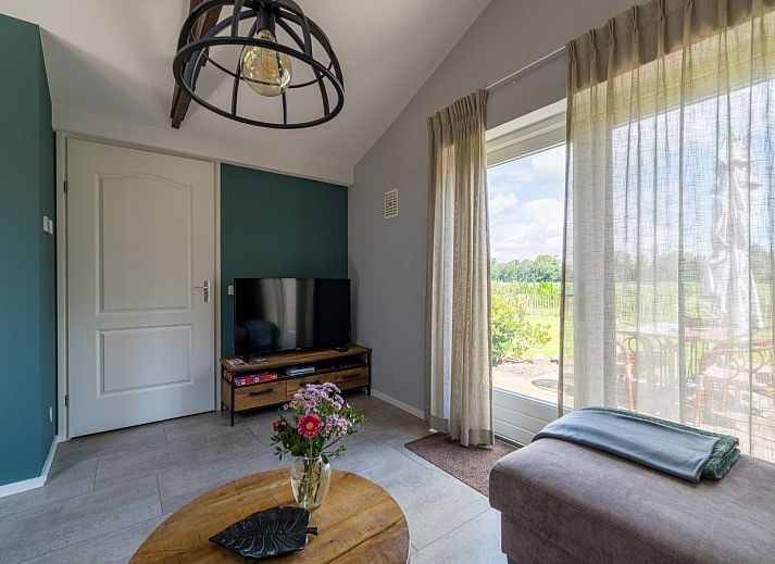 Grosser Garten am Ferienhaus Regge en Weidezicht in Marle, Salland, Overijssel mit Spielgeraeten und Picknicktischen.