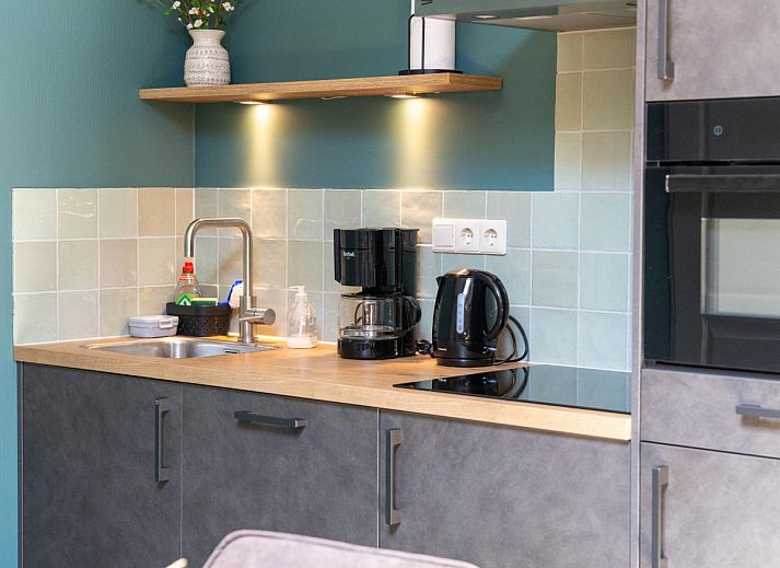 Sonnige Terrasse am Ferienhaus Regge en Weidezicht in Marle, Salland, Overijssel, umgeben von bluehenden Pflanzen.