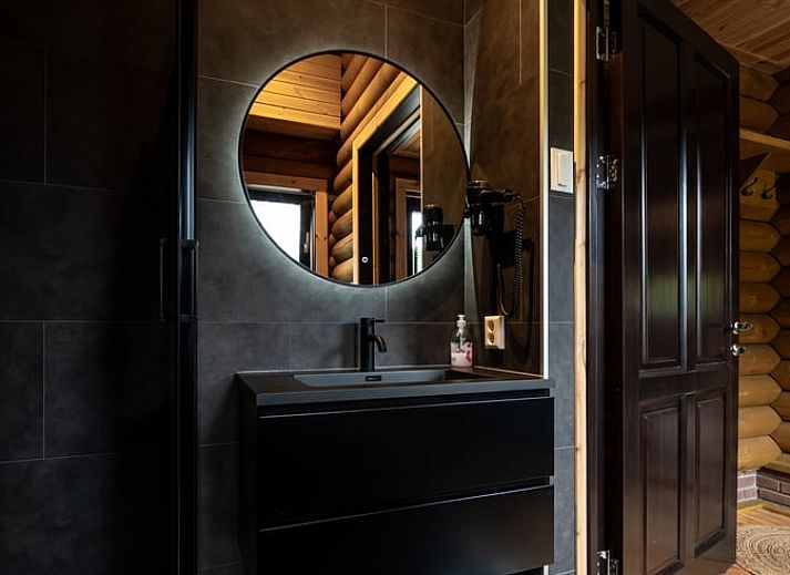 Dubbele houten vakantiehuizen in Ommen, Overijssel, omringd door een groene tuin in de Vechtstreek.