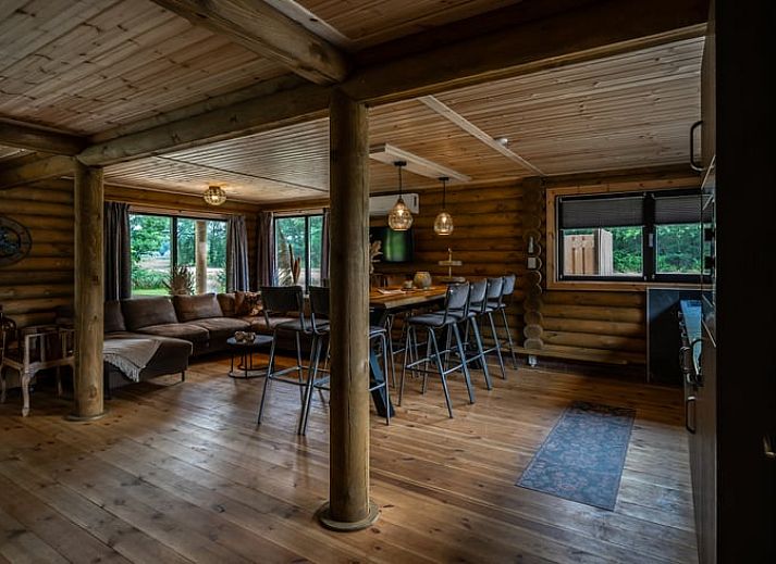 Dubbele houten vakantiehuizen in Ommen, Overijssel, omringd door een groene tuin in de Vechtstreek.