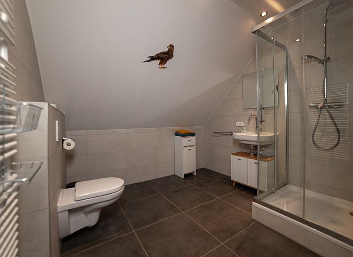 Modern living room in De Buizerd vacation home, Punthorst with large windows and views of the countryside.