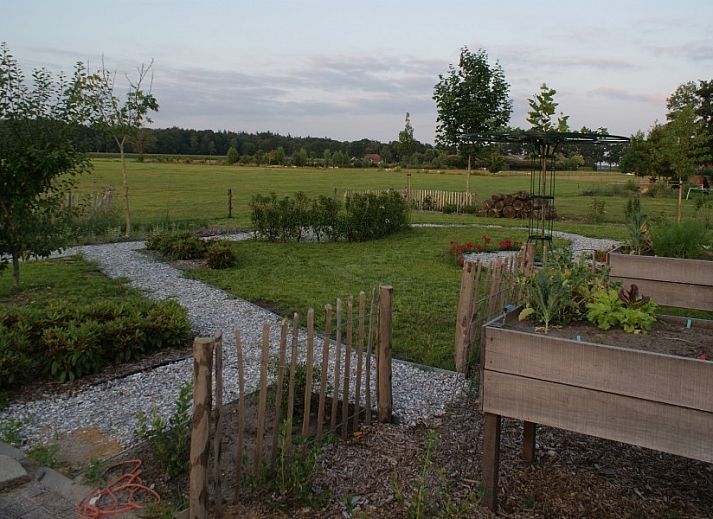 Modern living room in De Buizerd vacation home, Punthorst with large windows and views of the countryside.