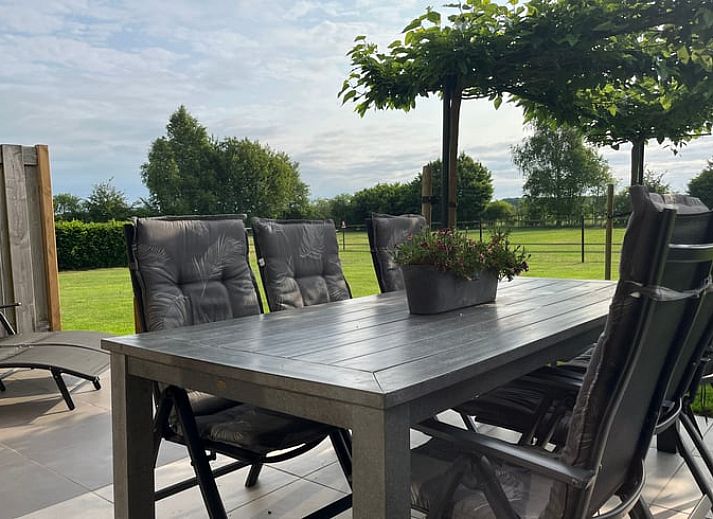 Aussenansicht des Ferienhauses in Beerze, ein charmantes Ferienhaus in der Region Vecht, Overijssel mit gruenem Garten und Terrasse.