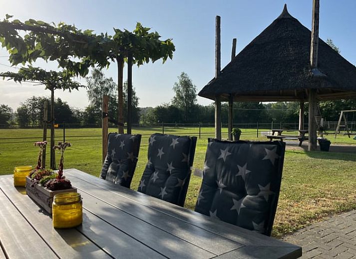 Aussenansicht des Ferienhauses in Beerze, ein charmantes Ferienhaus in der Region Vecht, Overijssel mit gruenem Garten und Terrasse.