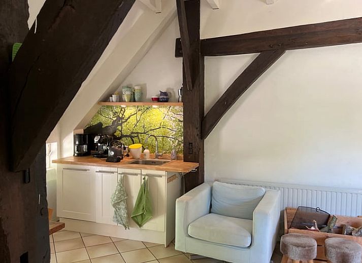 Ferienhaus in Beerze bei Sonnenuntergang, rustikale Lage in der Region Vecht, Overijssel, umgeben von Baeumen.