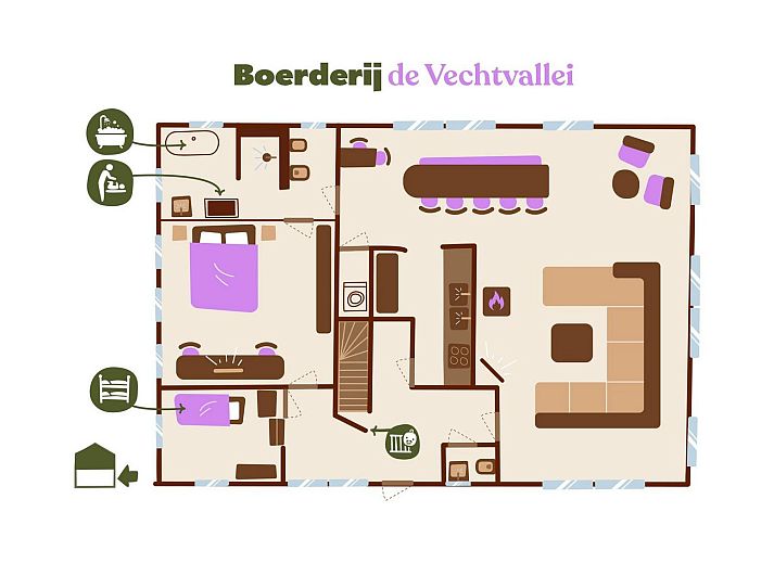 Spacious terrace at Farm de Vechtvallei, vacation home in the Vecht region, ideal for outdoor dining.