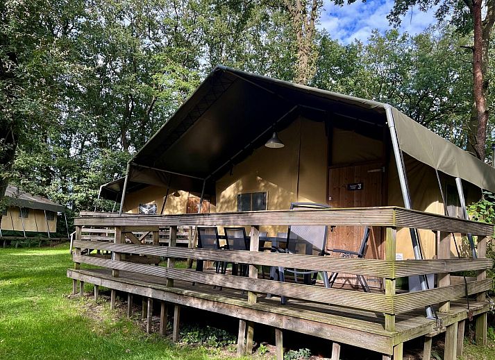 Summer Lodge Glamping Lodge in Beerze, Region Vecht mit geraeumiger Veranda und Waldgebiet in Overijssel.