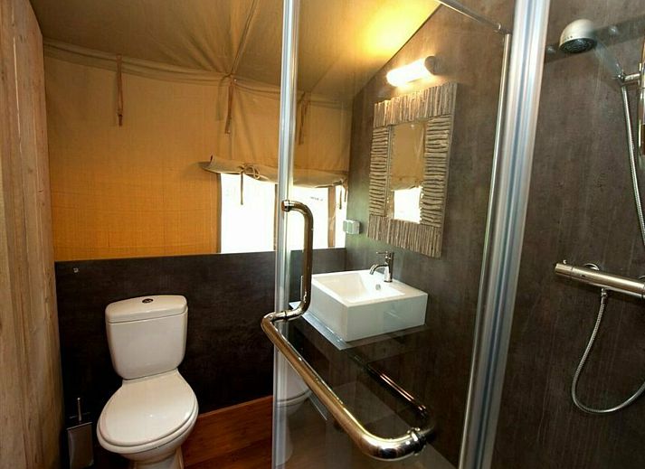 Terrasse des Ferienhauses Summer Lodge in Beerze, Overijssel, umgeben von Natur in der Region Vecht.