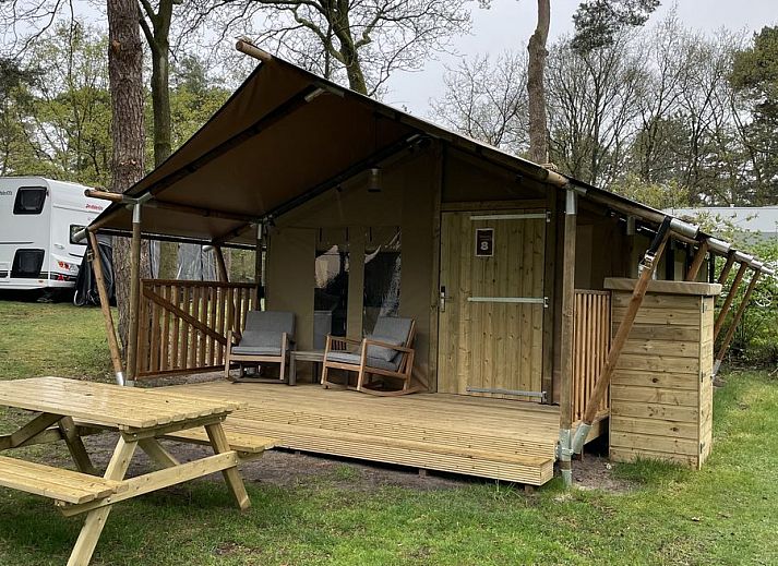 Comfortabele stoelen op de veranda van Summer Lodge 5 personen, gelegen in de rustgevende Vechtstreek, Overijssel.
