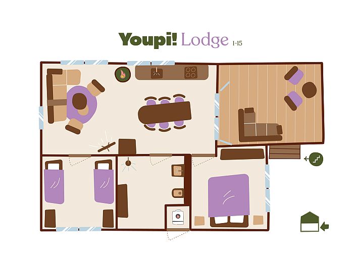 Entspannen Sie sich auf der Veranda der Youpi! Lodge, einer Glamping-Lodge im bewaldeten Beerze, Region Vechta, Overijssel.