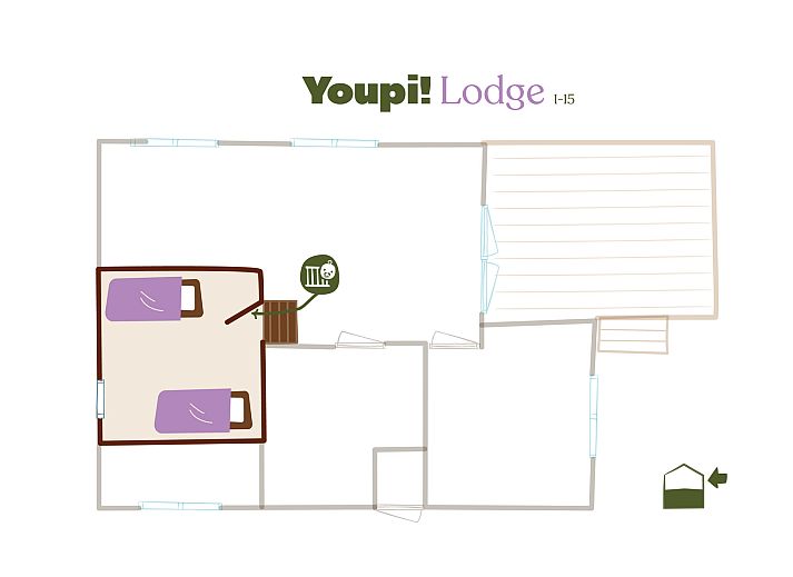 Entspannen Sie sich auf der Veranda der Youpi! Lodge, einer Glamping-Lodge im bewaldeten Beerze, Region Vechta, Overijssel.