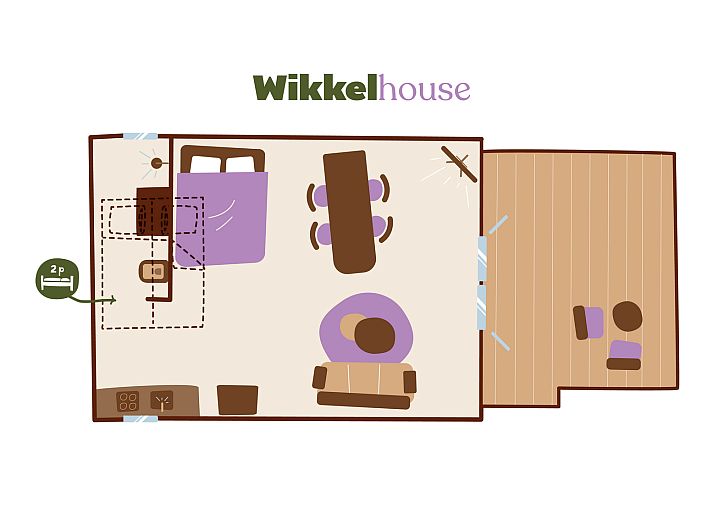 Cozy interior of Wikkelhouse vacation home in Beerze with wooden interior and sleeping area.