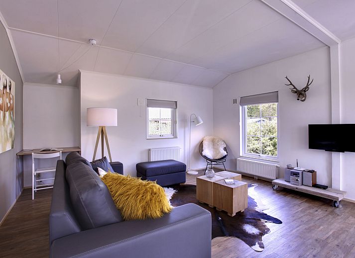 Helles Wohnzimmer des Ferienhauses 4-Bett-Wald in Dalfsen mit moderner Einrichtung und Blick auf die Natur der Region Vecht, Overijssel.