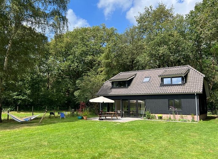 Gezellige groep op terras van Huisje in Balkbrug in Overijsselse natuur