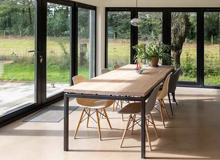 Gezellige groep op terras van Huisje in Balkbrug in Overijsselse natuur