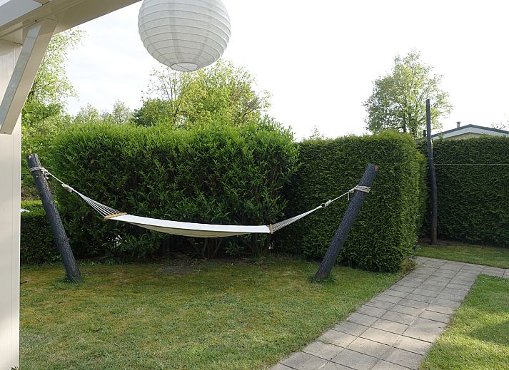 Rustikaler Garten des Ferienhauses OV649 in Rheezerveen, Vechtstreek, Overijssel, mit gruener Hecke und Weg zur Entspannung in der Natur.