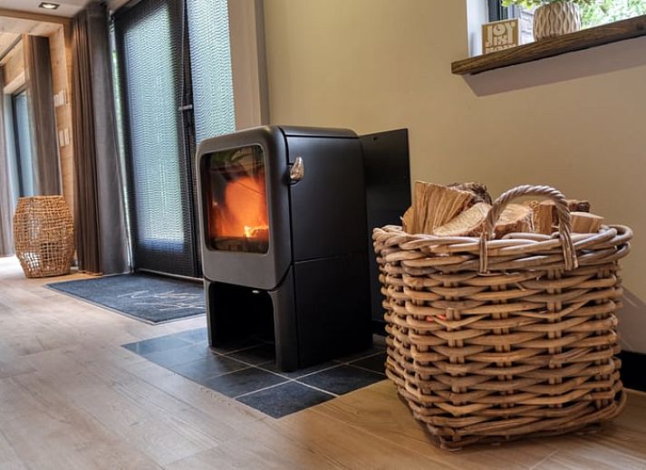 Cozy living room in Holiday Home in Rheezerveen, Vechtstreek, Overijssel with comfortable sofa and fireplace.